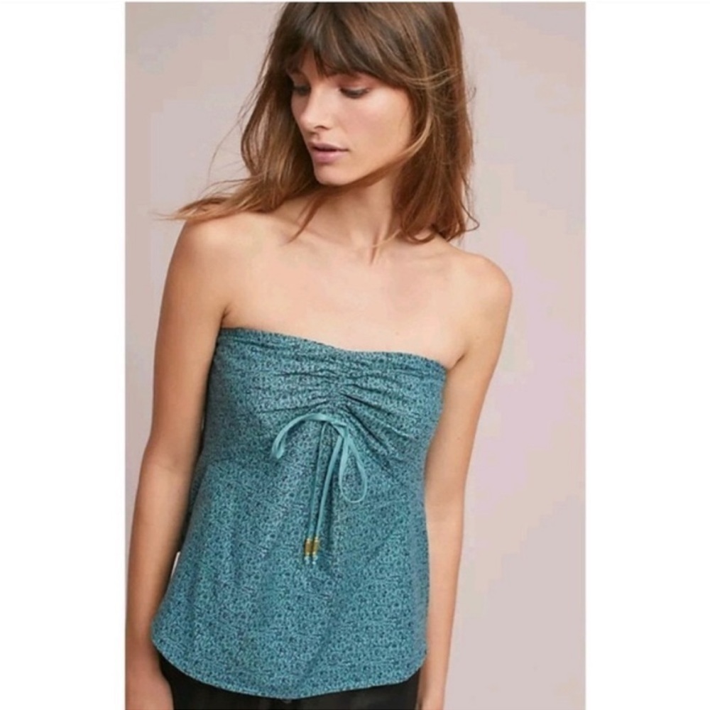 Anthropologie Teal Strapless Drawstring Top